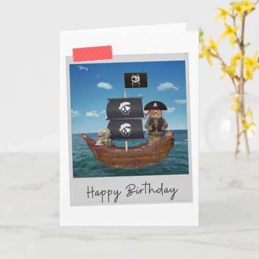 Pirate Ship Cat Funny Birthday Card Kaart (Gele Bloem)