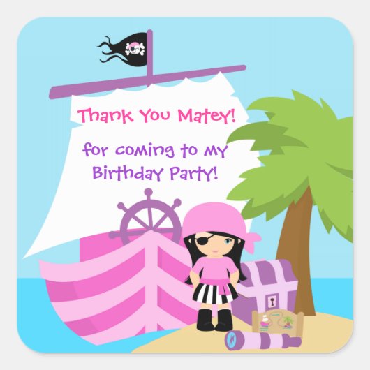 Pirate Ship Girl Birthday Dank je wel Vierkante Sticker (Voorkant)