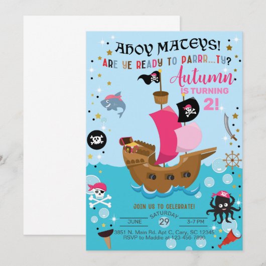 Pirate ship girl-uitnodiging. kaart (Voorkant / Achterkant)