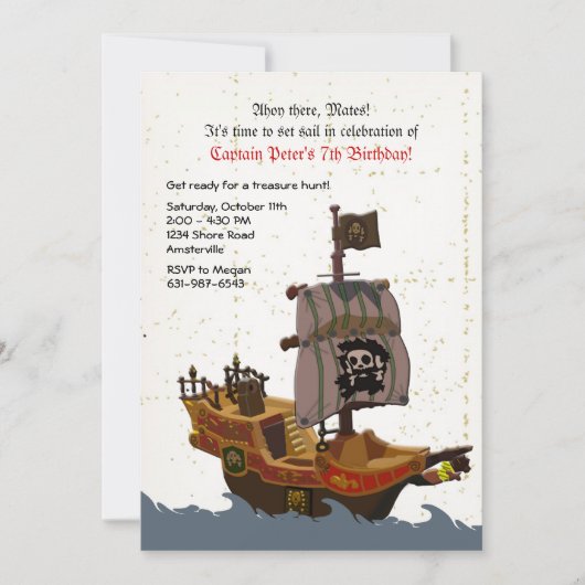 Pirate Ship Grunge Birthday Party Invitation Kaart (Voorkant)