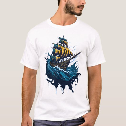 Pirate Ship in Stormy Zeeen T-shirt (Voorkant)