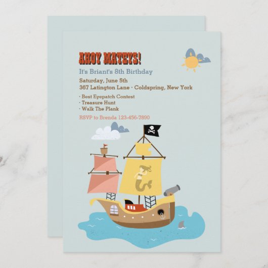 Pirate Ship Invitation Kaart (Voorkant / Achterkant)