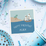 Pirate Ship Kids Birthday Party Servetten<br><div class="desc">Ahoy, Matey. Maak je verjaardagsfeestje extra speciaal met deze schattige piraten, de stickers. In het ontwerp is een piratenschip afgebeeld dat op de hoge zeeen vaart en op weg is naar een zandstrand dat met palmbomen is bedekt. Voeg twee lijnen van douanetekst toe gebruikend de verstrekte gebieden — getoond met...</div>