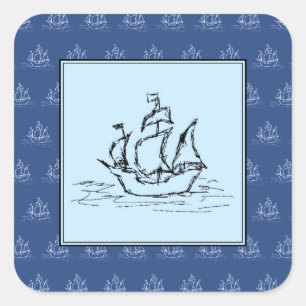 Pirate Ship on Ship Pattern, Blue. Vierkante Sticker