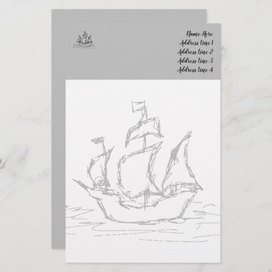 Pirate Ship, schetsstijl. Nautisch Briefpapier (Voorkant / Achterkant)