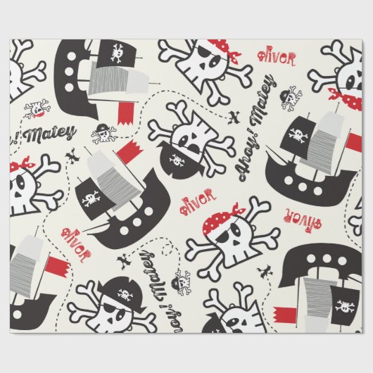 Pirate Ship Skulls Kids Birthday Wrapping Paper Cadeaupapier (Vlak)