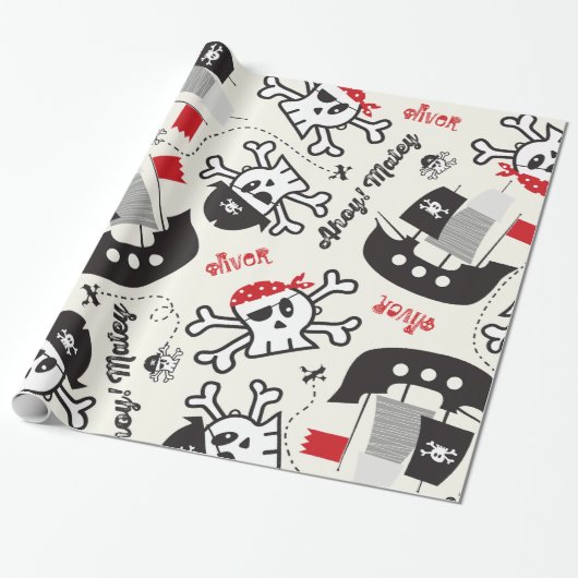 Pirate Ship Skulls Kids Birthday Wrapping Paper Cadeaupapier (Uitgerold)