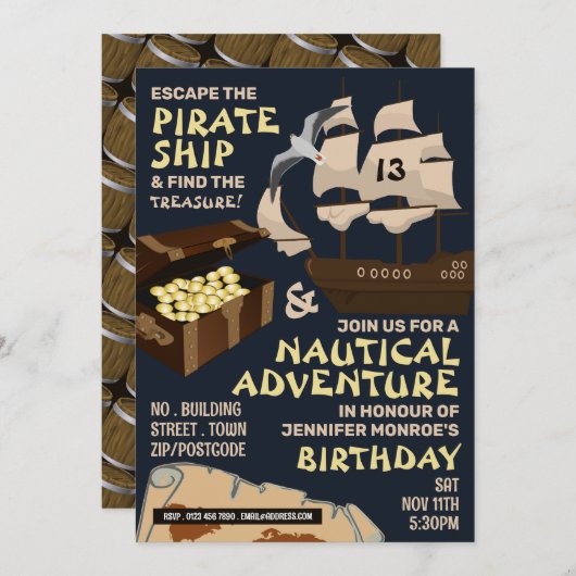 Pirate Ship Theme, Escape Room, Birthday Party Kaart (Voorkant / Achterkant)