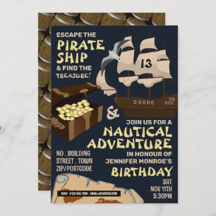 Pirate Ship Theme, Escape Room, Birthday Party Kaart