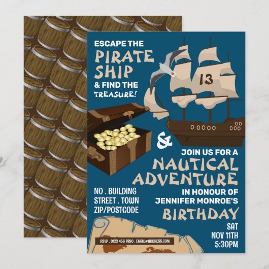 Pirate Ship Theme, Escape Room, Birthday Party Kaart (Voorkant / Achterkant)