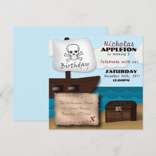 Pirate Ship Treasure Chest Birthday Invitations Kaart (Voorkant / Achterkant)
