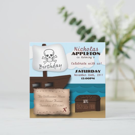 Pirate Ship Treasure Chest Birthday Invitations Kaart (Staand voorkant)
