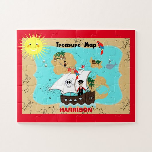 Pirate Ship Treasure Map Cute Personalised Kinder Legpuzzel (Horizontaal)