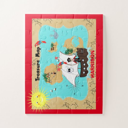Pirate Ship Treasure Map Cute Personalised Kinder Legpuzzel (Verticaal)
