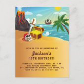 Pirate Ship, Treasure & Volcano Island Birthday Uitnodiging Briefkaart (Voorkant)