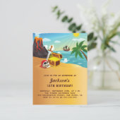 Pirate Ship, Treasure & Volcano Island Birthday Uitnodiging Briefkaart (Staand voorkant)