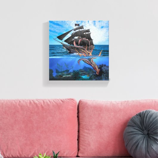 Pirate Ship vs. Giant Squid Canvas Afdruk (Insitu (Woonkamer))