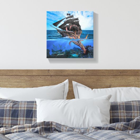 Pirate Ship vs. Giant Squid Canvas Afdruk (Insitu (Slaapkamer))