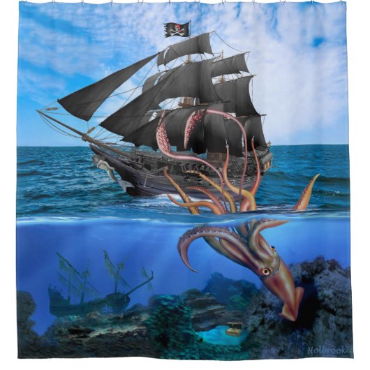Pirate Ship vs. Giant Squid Douchegordijn (Voorkant)