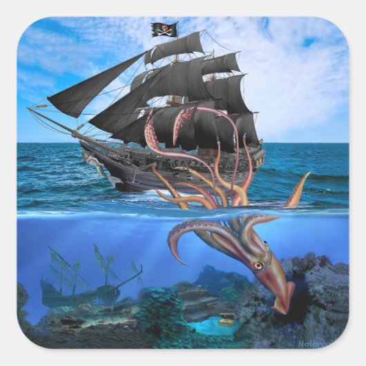 Pirate Ship vs. Giant Squid Vierkante Sticker (Voorkant)