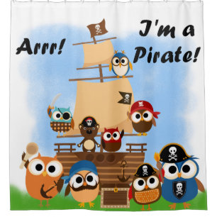Pirate Ship with Owls and Beer Pirates Douchegordijn