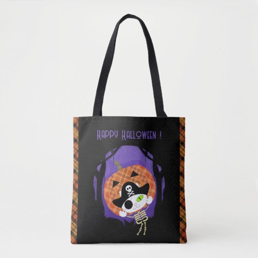 Pirate skelet kat en plaid tote bag (Voorkant)