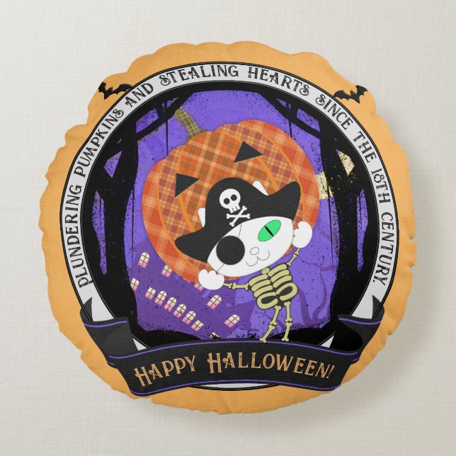 Pirate skelet kat rond kussen (Voorkant)