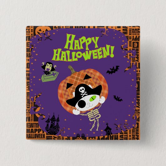 Pirate skelet kat vierkante button 5,1 cm (Voorkant)