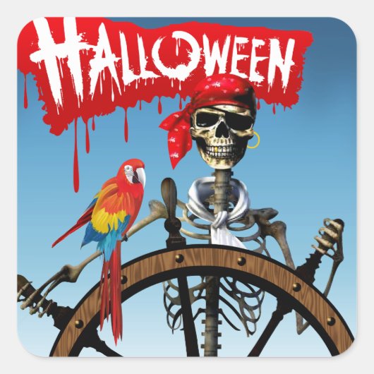 Pirate Skelet Sailor met Macaw Halloween Party Vierkante Sticker (Voorkant)