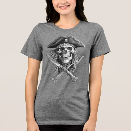 Pirate Skull B&W met gekruist mes en vork Tri-Blend Shirt (Voorkant)