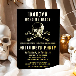 Pirate Skull & Botten Black Halloween Party Gold Folie Uitnodiging