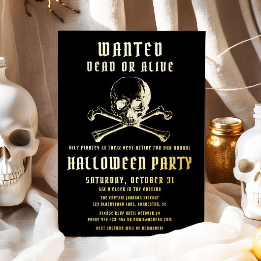 Pirate Skull & Botten Black Halloween Party Gold Folie Uitnodiging