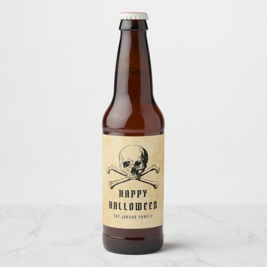  Pirate Skull & Botten Happy Halloween Bier Etiket (Voorkant)
