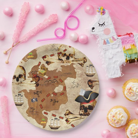 Pirate Skull & Botten Treasure Map Papieren Bordje (Feest)
