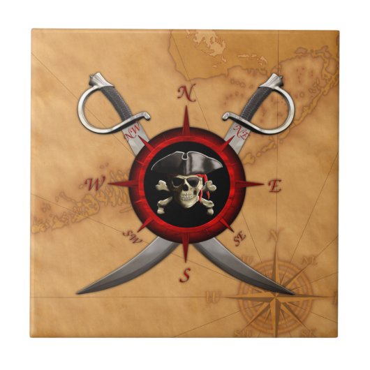 Pirate Skull Compass Roos Tegeltje (Voorkant)