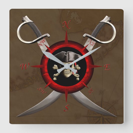 Pirate Skull Compass Rose Vierkante Klok (Voorkant)
