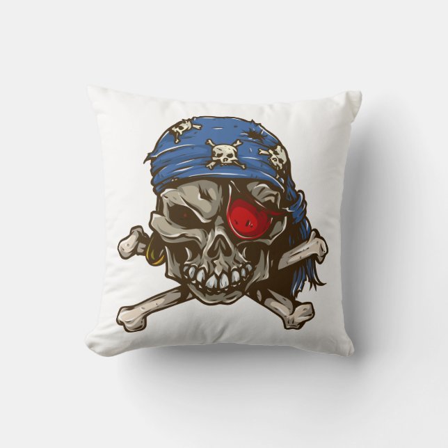 Pirate skull crossbones blue bandanna eye patch kussen (Voorkant)