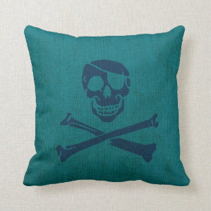 Pirate Skull en Crossbones in Ocean Green Blue Kussen