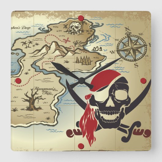 Pirate Skull Island Lock Clock Vierkante Klok (Voorkant)