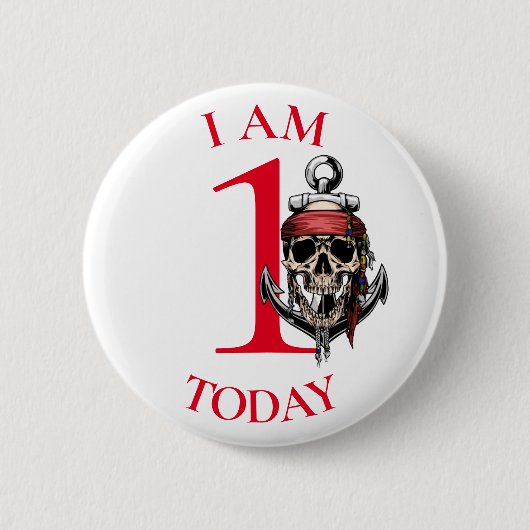 Pirate Skull Red Anchor BIRTHDAY NUMBER 1 Button (Voorkant)