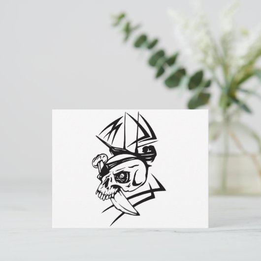 Pirate Skull Skeleton Sword Ship Tattoo Style Briefkaart (Staand voorkant)