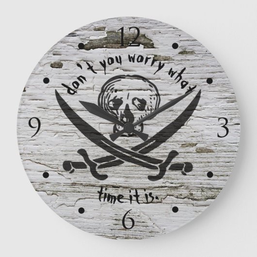 Pirate Skull Warning on Weathered Wood Grote Klok (Voorkant)
