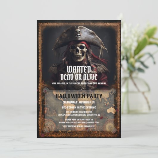 Pirate Skull Zwart Halloween Feest Kaart (Staand voorkant)
