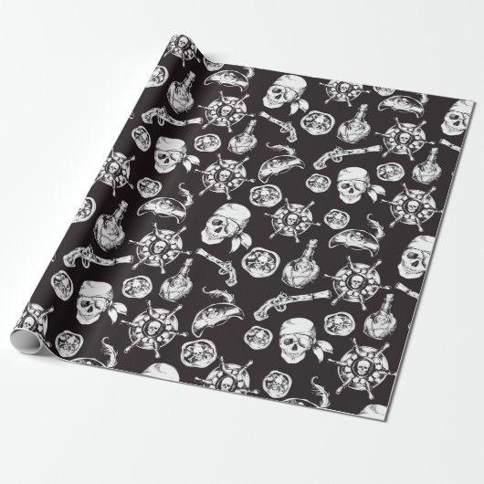 Pirate skulls zwart wit patroon cadeaupapier (Uitgerold)