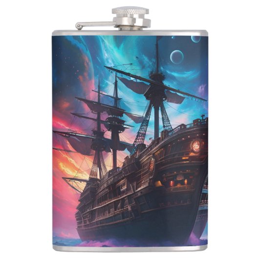 Pirate Space Ship Nebula en manen Heupfles (Voorkant)