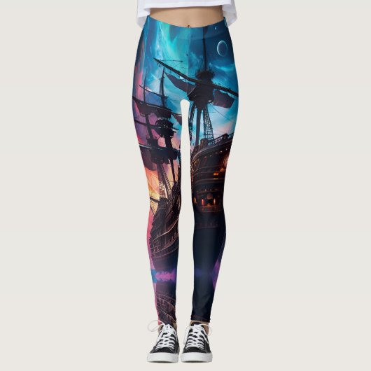 Pirate Space Ship Nebula en manen Leggings (Voorkant)