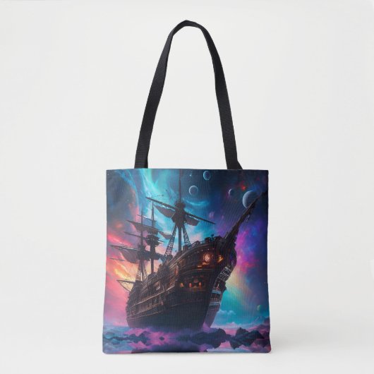 Pirate Space Ship Nebula en manen Tote Bag (Voorkant)