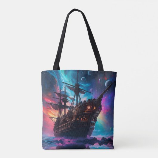 Pirate Space Ship Nebula en manen Tote Bag (Achterkant)