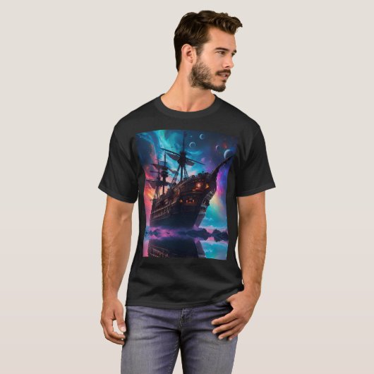 Pirate SpaceShip landt op een andere planeet T-shirt (Voorkant volledig)