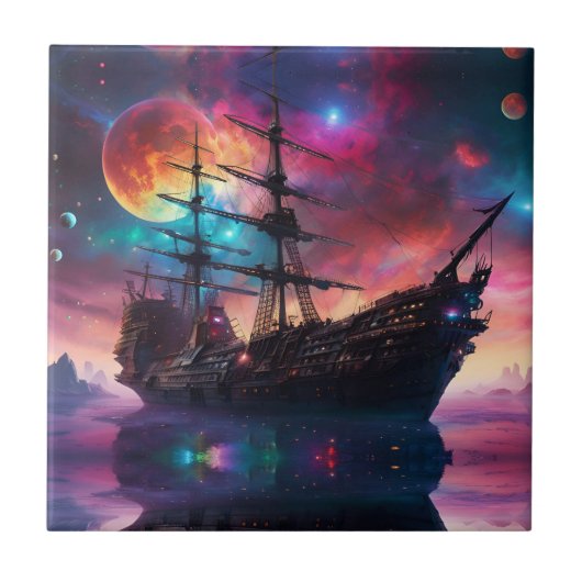 Pirate SpaceShip landt op een andere planeet Tegeltje (Voorkant)